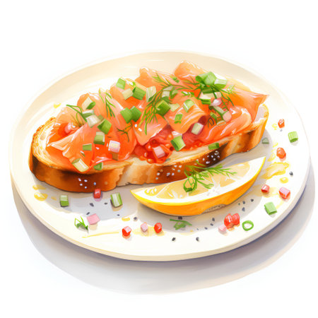 Slices of bread with salmon and dill on a plateの素材