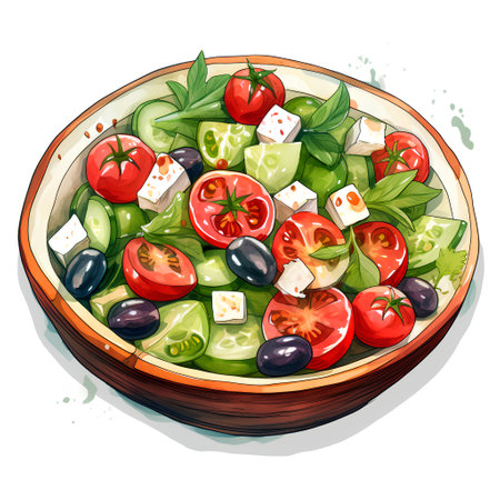 Greek salad with olives, feta cheese and tomatoes. Vector illustration.の素材