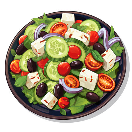 Greek salad with feta cheese, tomato, cucumber, onion, olives and basil. Vector illustrationの素材