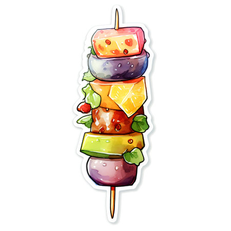 Colorful hand drawn vector illustration of a skewer of meat and vegetablesの素材