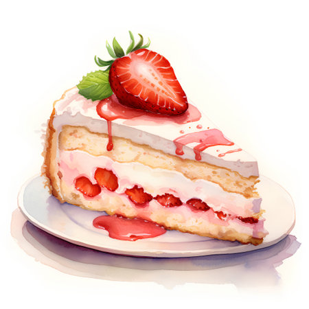 Strawberry cake. Watercolor hand drawn illustration on white backgroundの素材