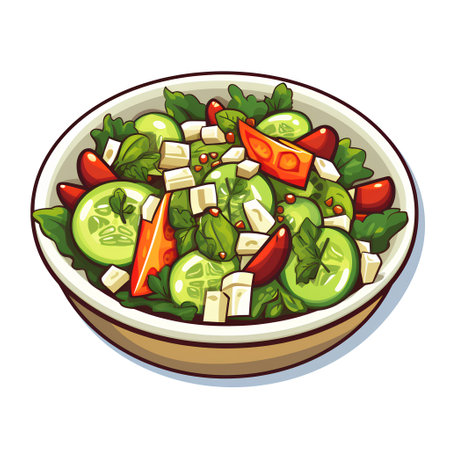 Vegetable salad with tofu, tomato, cucumber, pepper and parsley. Vector illustration.の素材