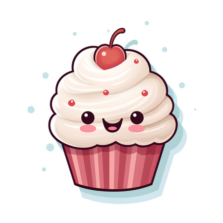 Cute cupcake with cherry. Vector illustration on white background.の素材