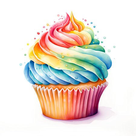 Colorful cupcake isolated on white background. Watercolor illustration.の素材