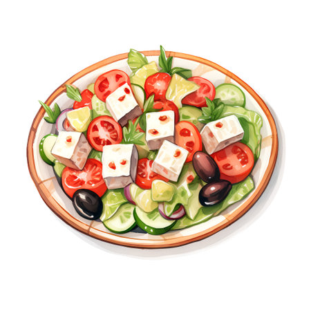 Greek salad with feta cheese, olives, cucumber and tomato. Watercolor hand drawn illustrationの素材