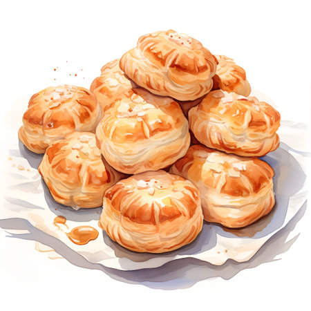 Baked buns with condensed milk. Hand drawn vector illustration.の素材