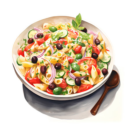Pasta salad with olives, tomatoes and feta cheese. Hand drawn watercolor illustrationの素材