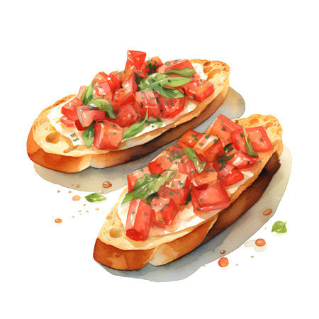 Bruschetta with tomatoes and mozzarella. Watercolor illustrationの素材