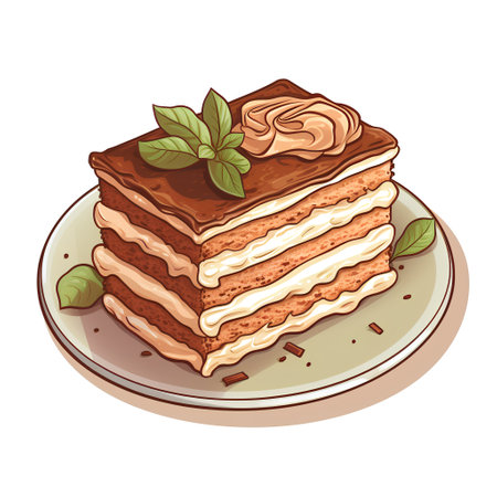 Tiramisu cake on plate. Hand drawn vector illustration.の素材