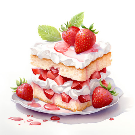 Piece of cake with strawberries and whipped cream. Vector illustration.の素材