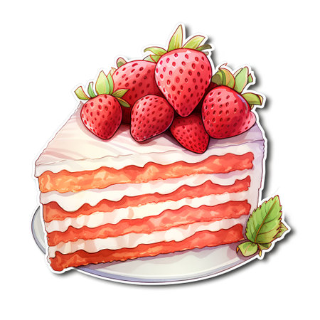 Strawberry cake with cream and strawberries, sketch vector illustration.の素材