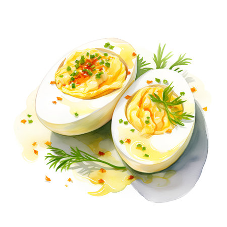 Boiled eggs with parsley and dill on a white backgroundの素材
