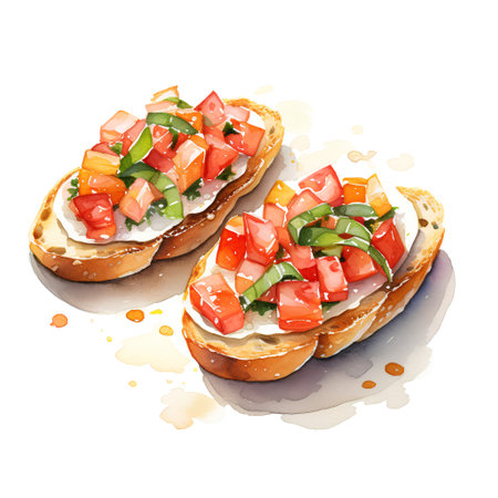 Bruschetta with tomato and mozzarella. Watercolor hand drawn illustrationの素材