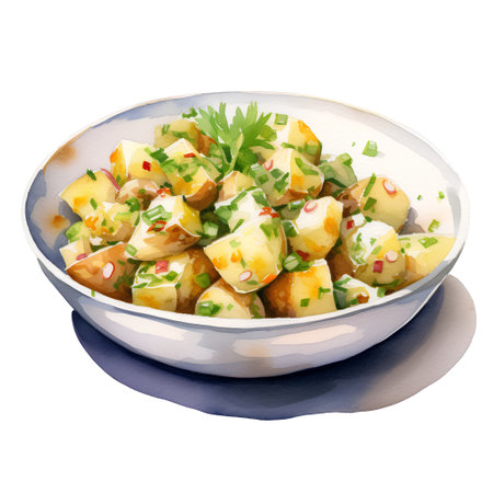 Potato salad with parsley and dill in a bowl.の素材