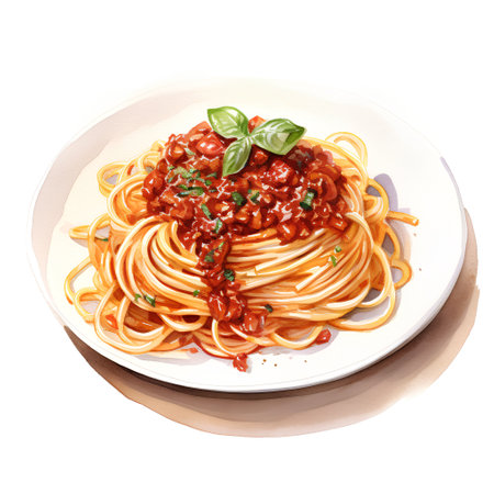 Spaghetti Bolognese with tomato sauce and basil. Hand drawn watercolor illustrationの素材