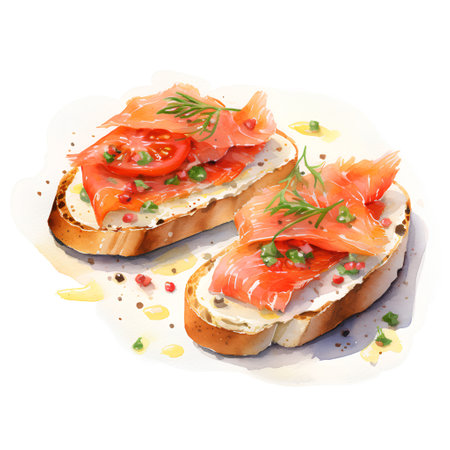 Delicious bruschetta with salmon and cream cheese. Watercolor illustrationの素材