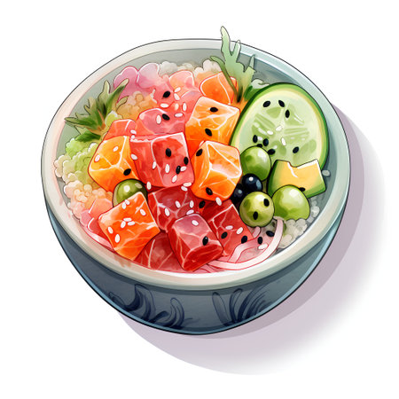 Sashimi in bowl. Sashimi with salmon, tuna, avocado, cucumber and olives. Vector illustration.の素材