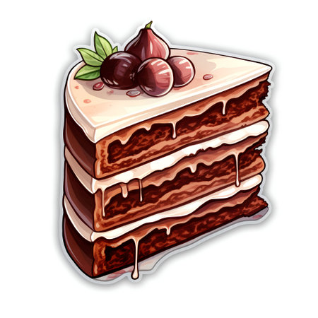 Vector illustration of a piece of cake with cream and chocolate icing.の素材
