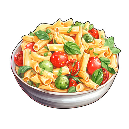 Penne pasta with tomato sauce, green peas and basil in bowl. Hand drawn vector illustration.の素材