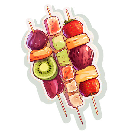 Vector illustration of fruit skewers with kiwi, strawberry, orange, banana and pineapple.の素材