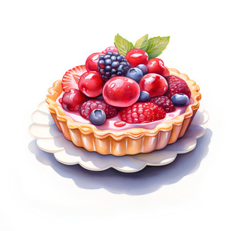 Cake with berries. Watercolor illustration isolated on white background.の素材