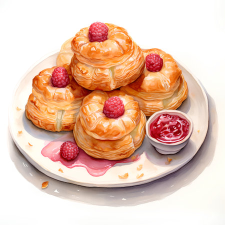 Puff pastry with raspberries and jam on a white backgroundの素材