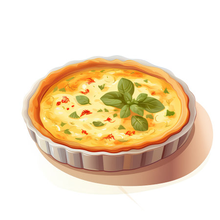 Illustration of a pie with cheese and basil on a white backgroundの素材