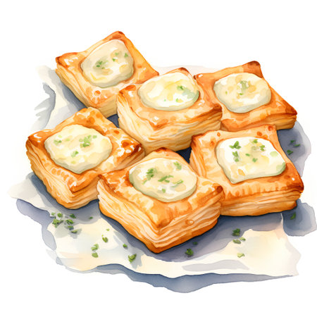 Tasty puff pastry with cottage cheese. Watercolor hand drawn illustrationの素材