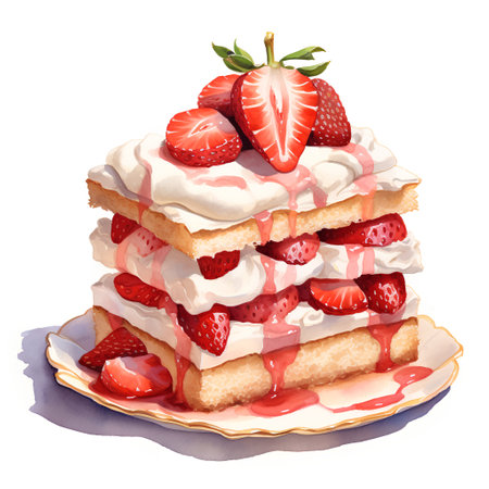 Watercolor illustration of a waffle with strawberries and whipped cream.の素材