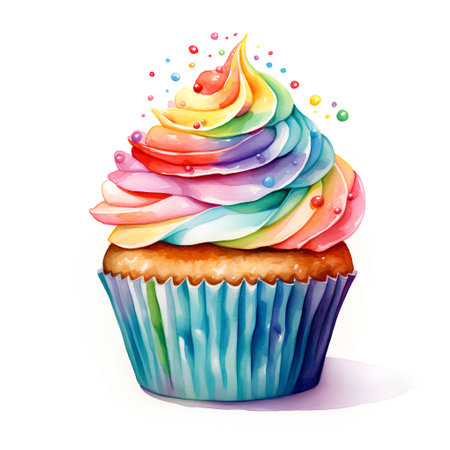 Cupcake with rainbow frosting. Watercolor hand drawn illustrationの素材