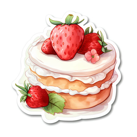 Strawberry cake with whipped cream and strawberries, vector illustration.の素材
