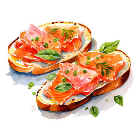 Sandwiches with salmon, green peas and herbs. Watercolor hand drawn illustrationの素材