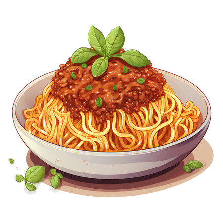 Spaghetti bolognese with tomato sauce and basil in bowl vector illustrationの素材
