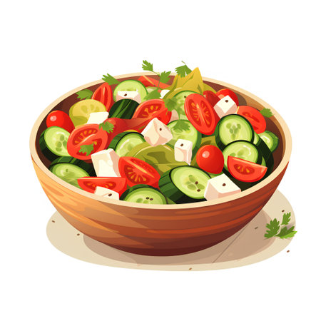 Greek salad in a wooden bowl. Vector illustration isolated on white background.の素材