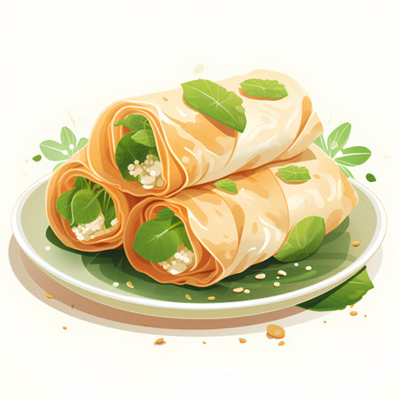 Crepes stuffed with cheese and spinach on a plate. Vector illustration.の素材