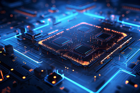 Circuit board. Electronic computer hardware technology. Motherboard digital chip. 3D renderingの素材