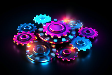 Abstract glowing gear wheel on dark background. 3d vector illustration.の素材