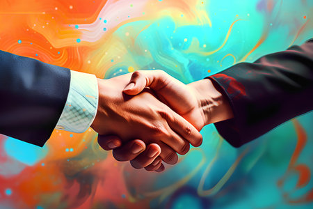 Close up of two business people shaking hands over abstract colorful background. Teamwork concept.の素材