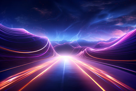 Futuristic abstract background with neon lights and road. 3d renderingの素材