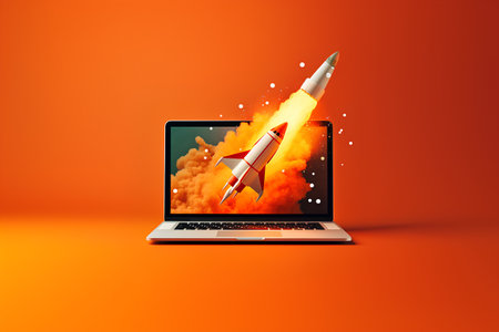 Rocket flying out of laptop screen on orange background. 3d illustrationの素材