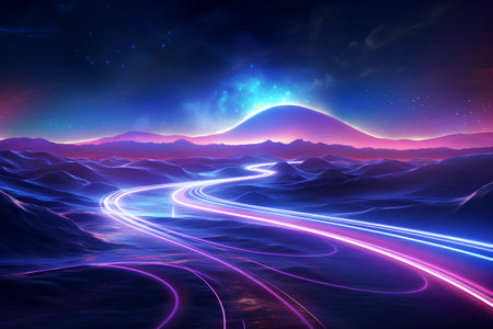 Neon landscape with road and mountains. 3D rendering. Neon lights.の素材