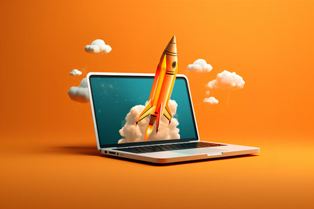 Rocket flying out of laptop screen on orange background. Vector illustration.の素材