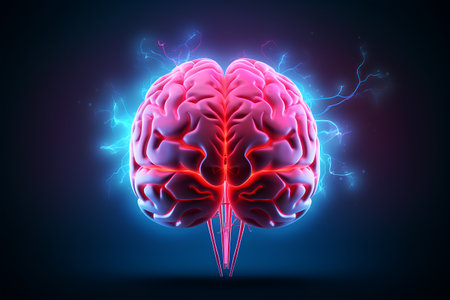 Human brain with thunderbolt. 3d vector illustration on dark backgroundの素材