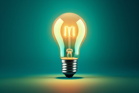 Realistic Colored Light Bulb on Green Background. Vector illustrationの素材