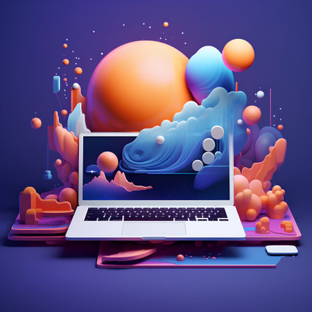Futuristic background with laptop and space objects. Vector illustration.の素材