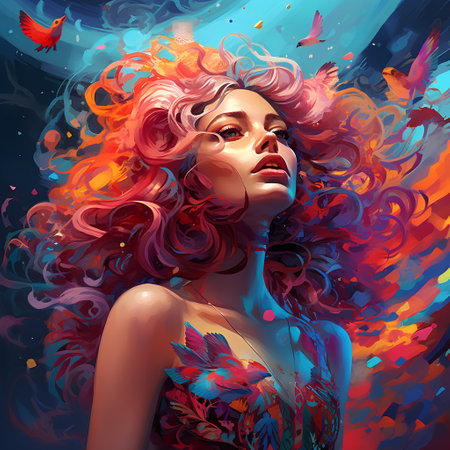 Fantasy illustration of a beautiful girl with curly hair. Vector.の素材