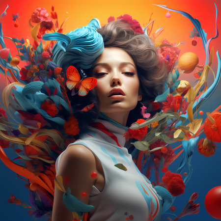 Beautiful young woman surrounded by flowers and butterflies. 3d illustration.の素材