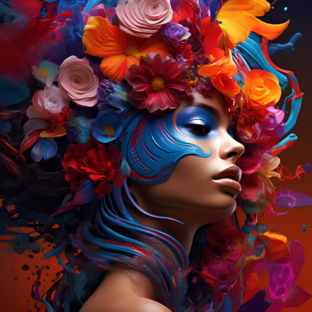 Portrait of a beautiful woman with bright make-up and flowers in her hair.の素材