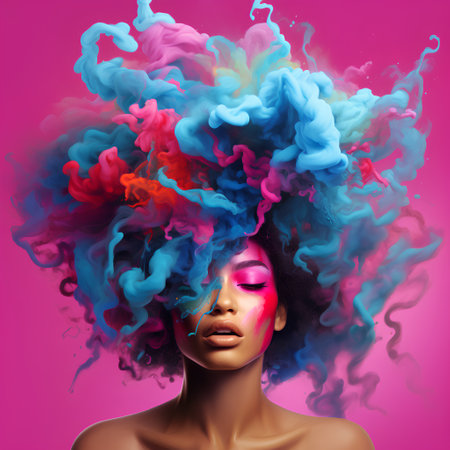 Fashion portrait of beautiful african american woman with colorful hair.の素材