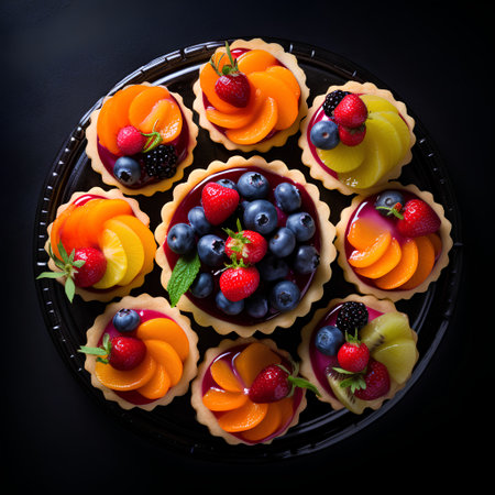 Variety of fruit tartlets on black background. Top view.の素材